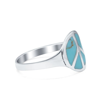 Peace Sign Ring Simulated Turquoise Cubic Zirconia 925 Sterling Silver